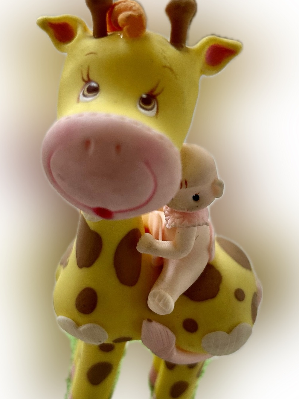 Cute Baby riding on Yellow Cartoon Giraffe Cake Topper Nursery Decor Doll 5"